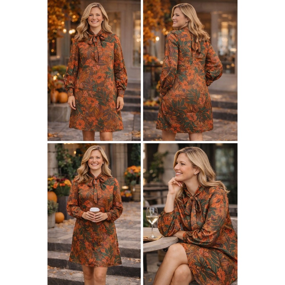 Oddi Dress Womens 1XL Brown Orange Green Floral High Neck Tie Mini Fall